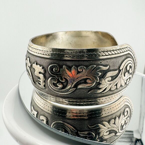 Vintage Handmade Tibetan Silver Cuff Bracelet with Lucky Charms Retro Chunky - Picture 4 of 7